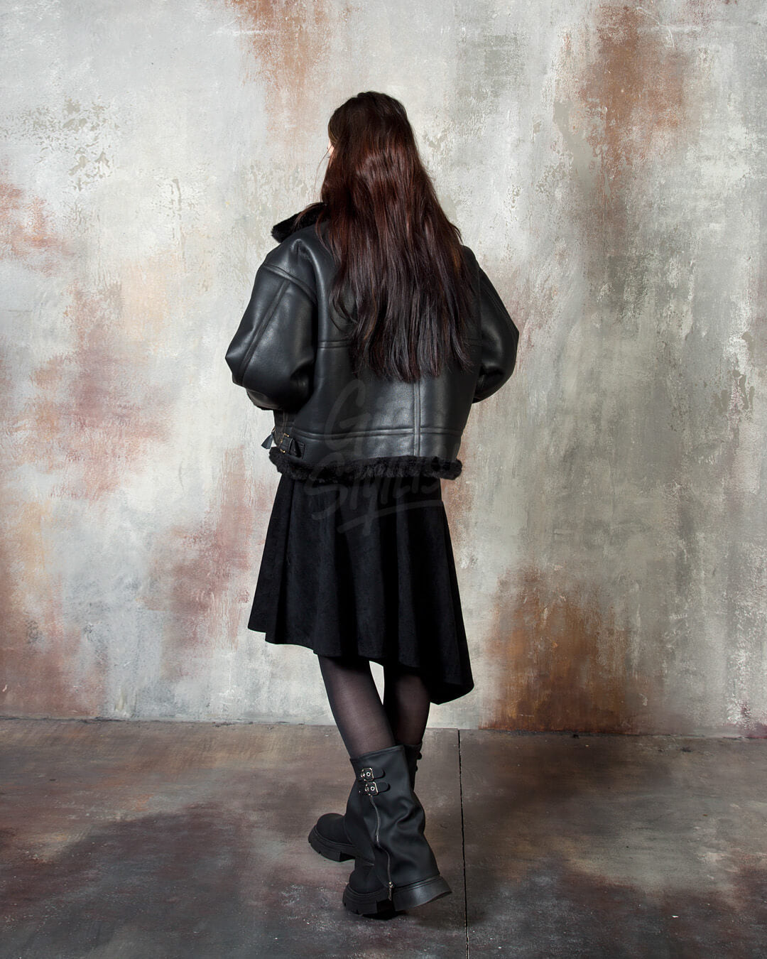 Black Oversized Shearling Leather Jacket