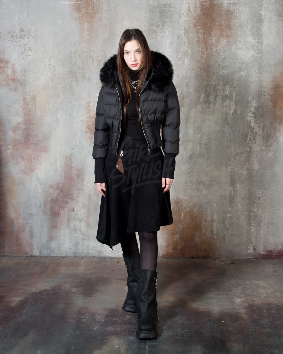 Raccoon Fur Hood Volume Crop Padded Jacket