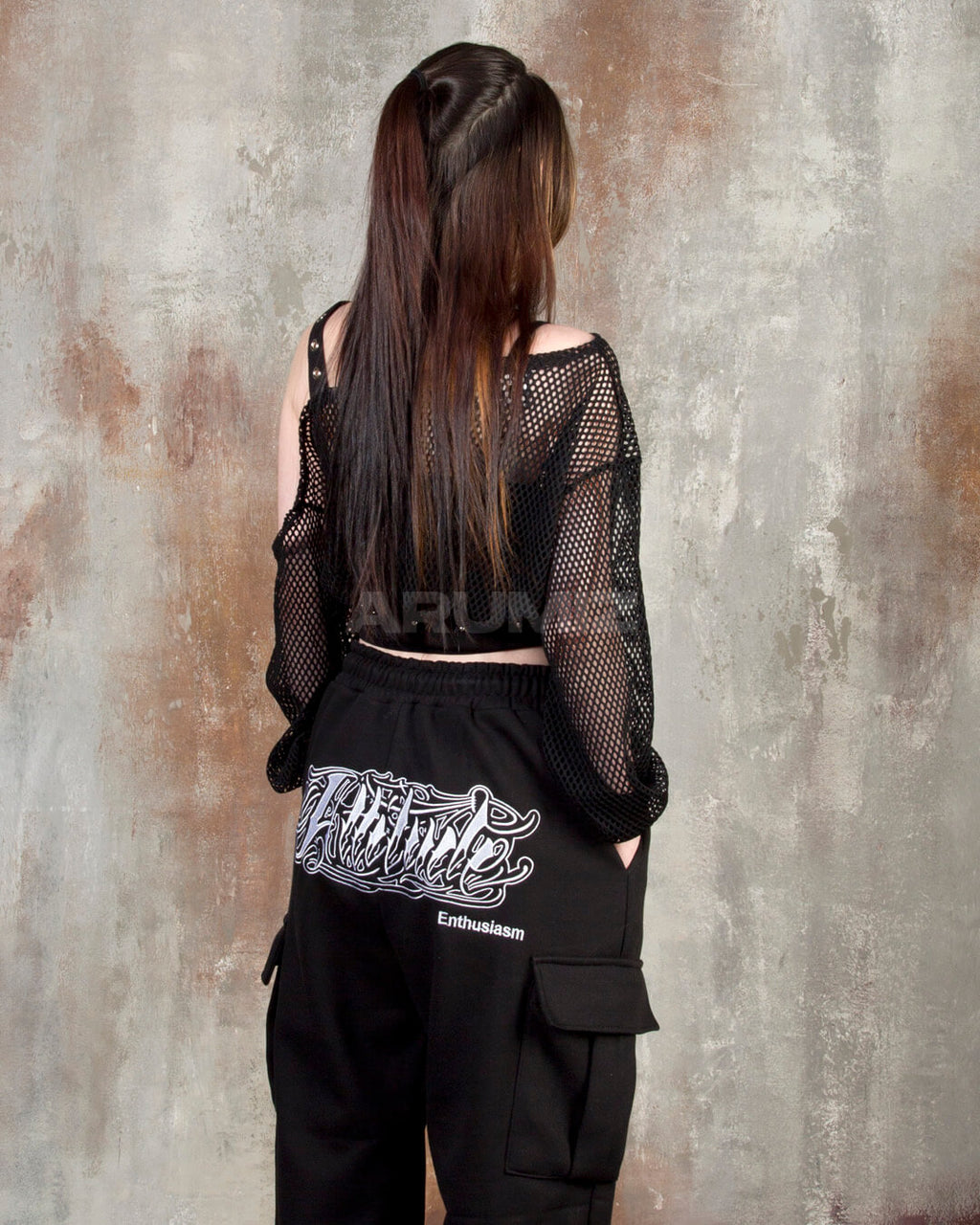Eyelet Strap Mesh Sheer Off-Shoulder Cropped Top
