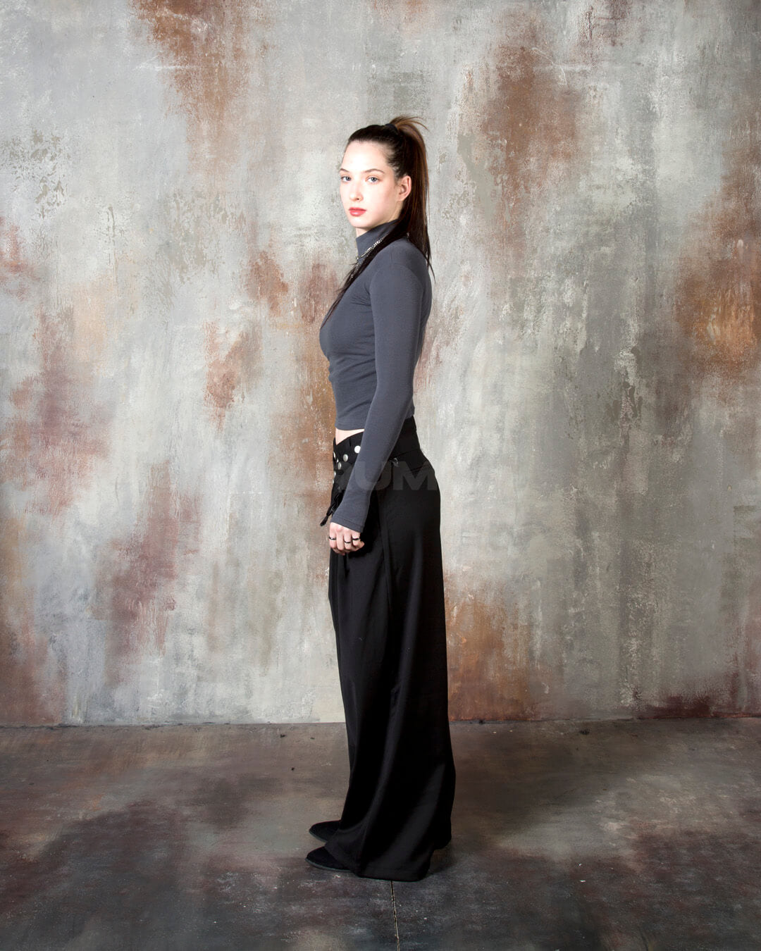 Stud Button Belt Pintuck Wide-Leg Slacks Pants