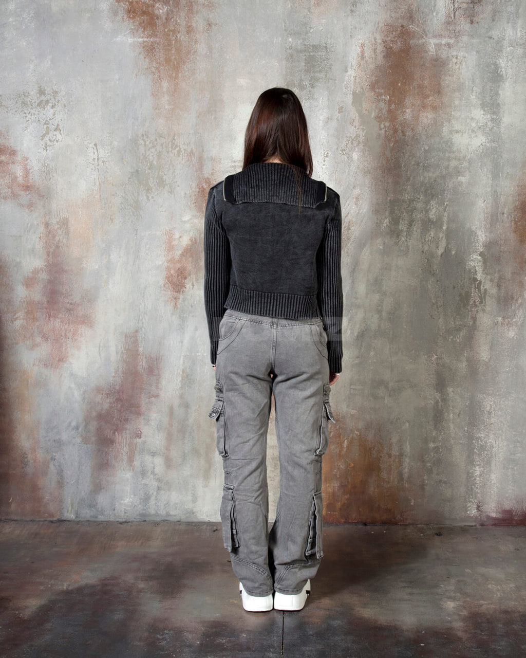 Vintage Washed Zipper Cargo Bootcut Pants