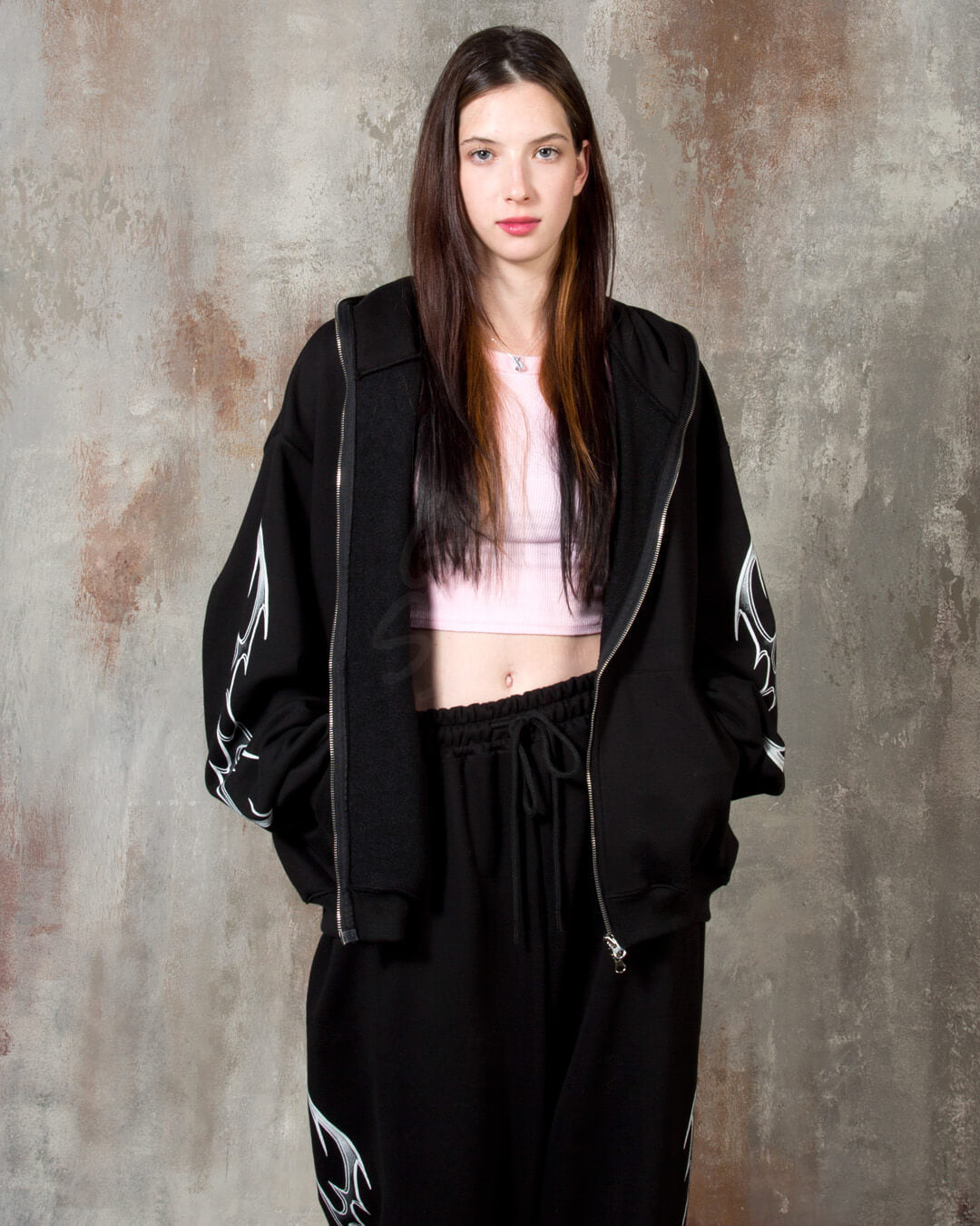 Tribal Print Oversized Black Zip-up Hoodie