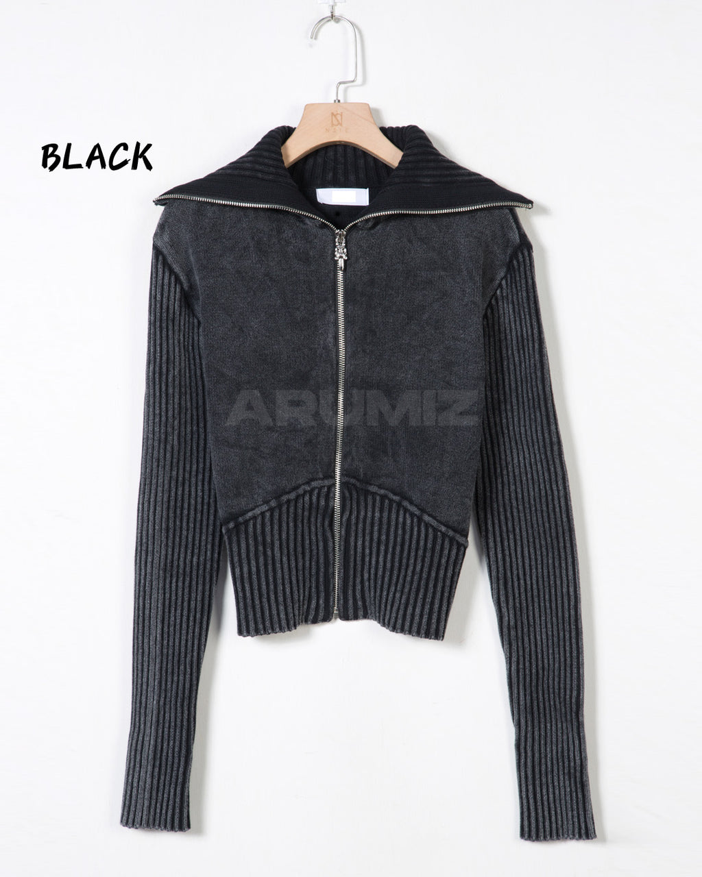 Vintage Washed Rib Knit High-Neck Cropped Zip-Up Jacket