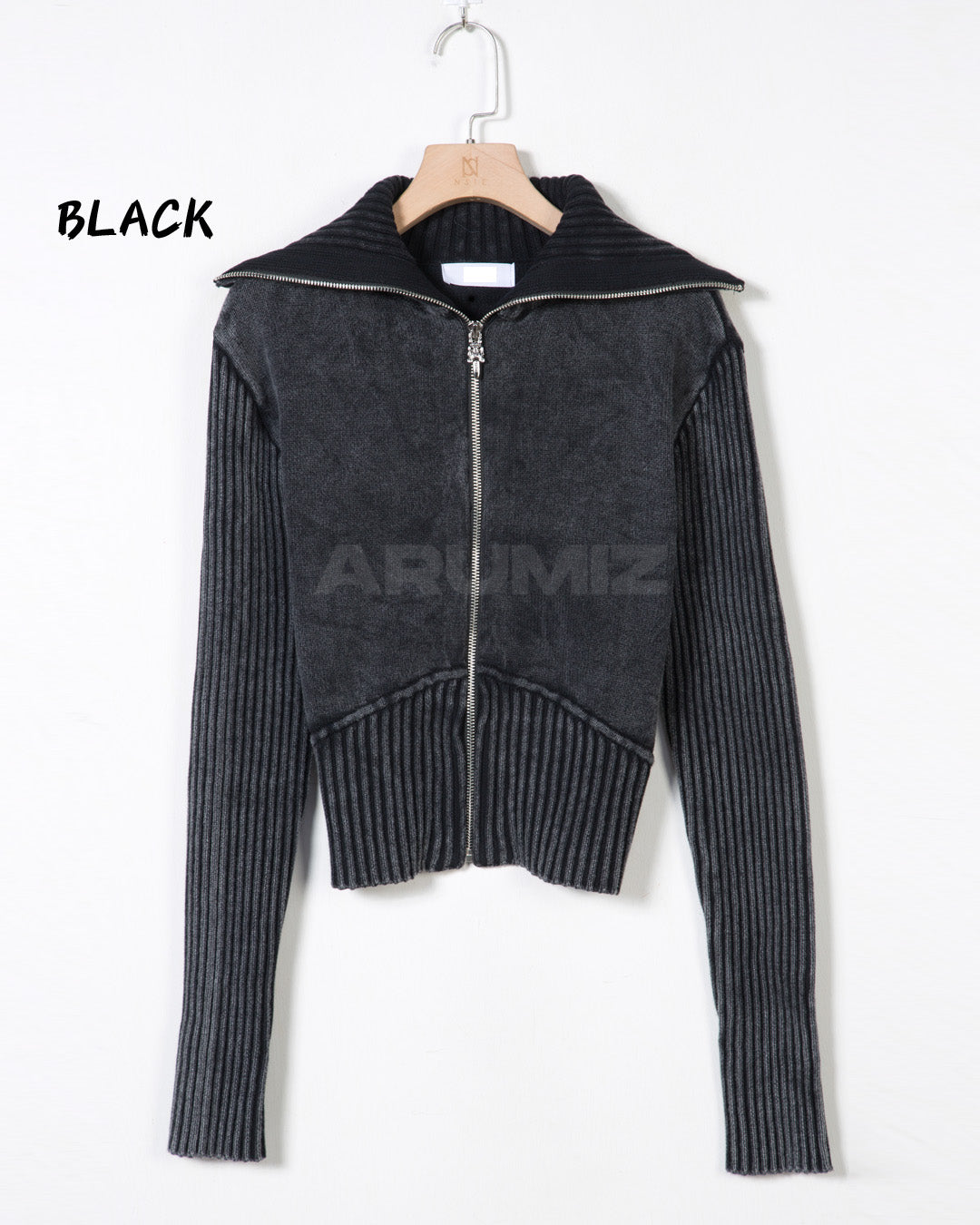 Vintage Washed Rib Knit High-Neck Cropped Zip-Up Jacket