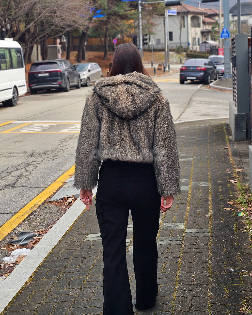 Wolf Faux Fur Hooded Cropped Jacket