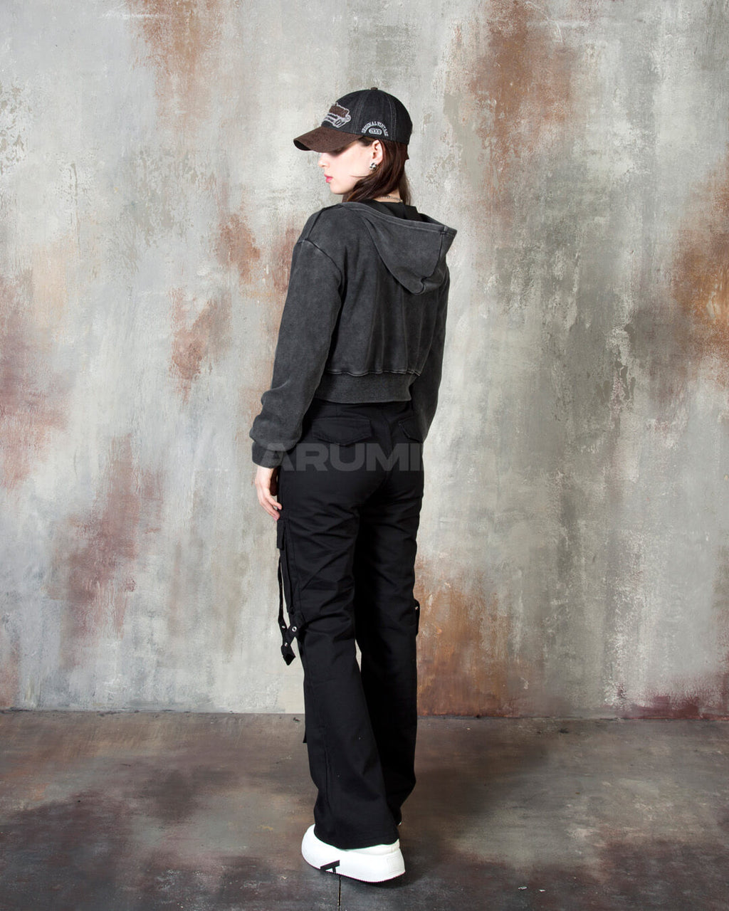 Vintage Washed Asymmetric Panel Crop Zip-Up Hoodie
