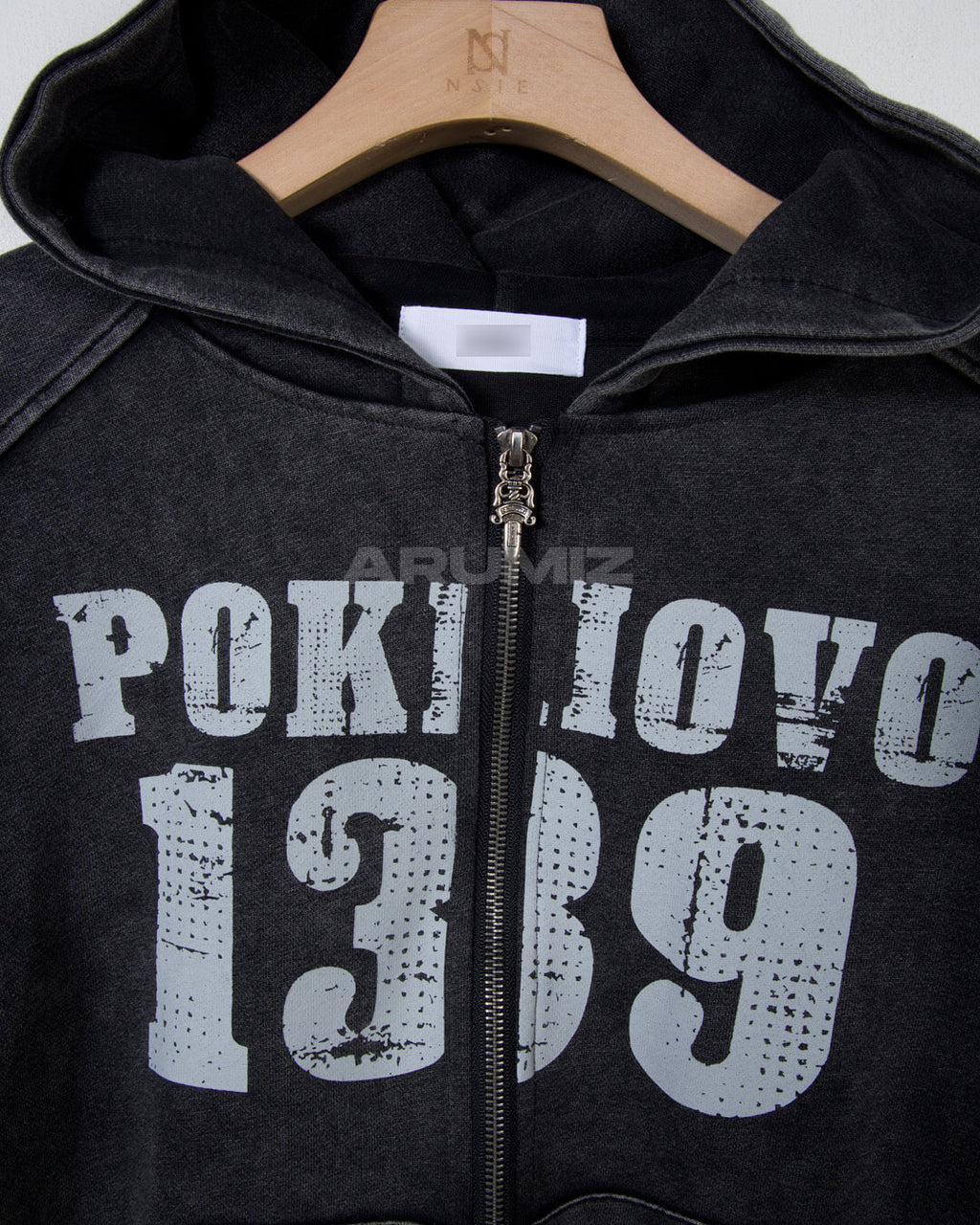 Vintage Pigment Wash Lettering Cropped Zip-Up Hoodie