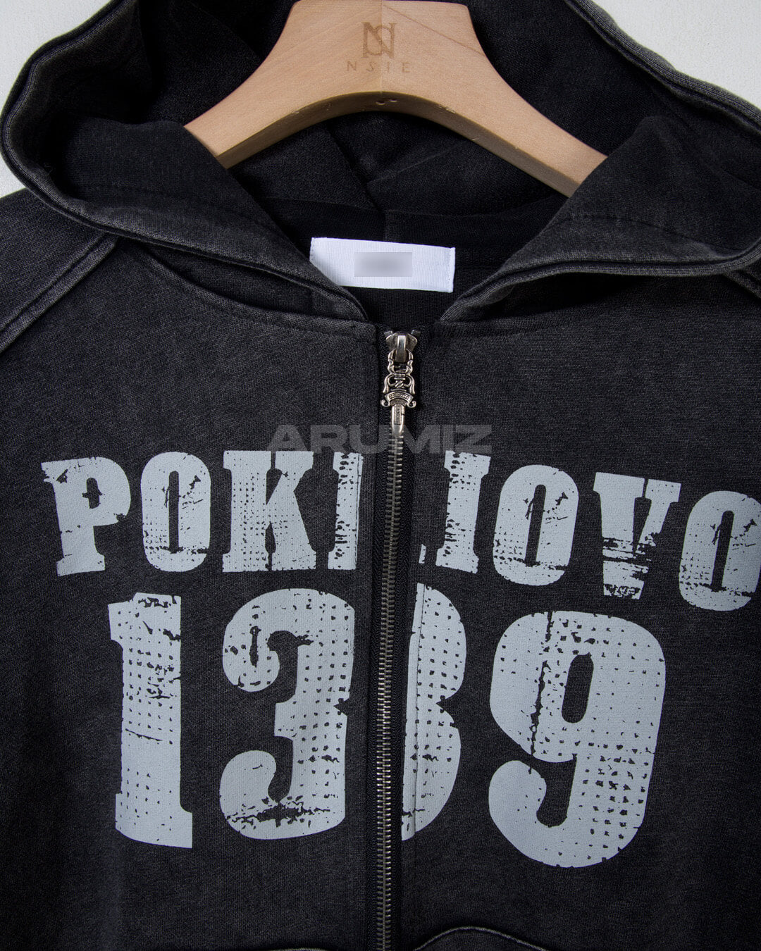 Vintage Pigment Wash Lettering Cropped Zip-Up Hoodie