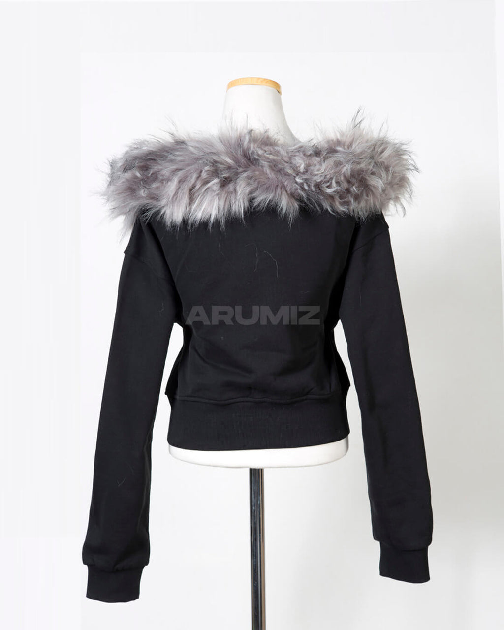 Fur Trim Off-Shoulder Cropped Zip-Up Hoodie