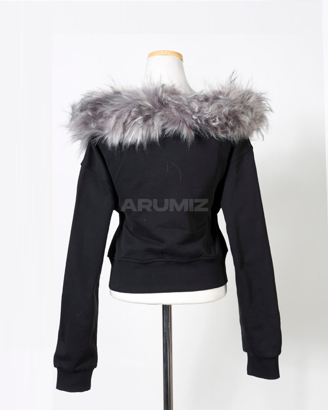 Fur Trim Off-Shoulder Cropped Zip-Up Hoodie