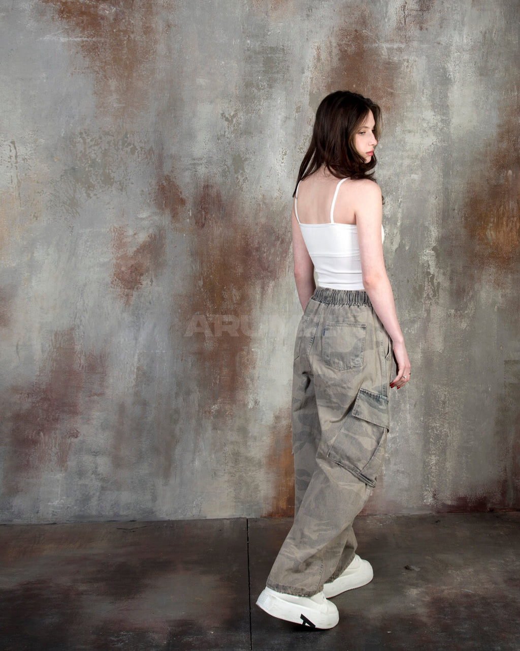 Vintage Camo Washed Wide-Leg Denim Cargo Pants