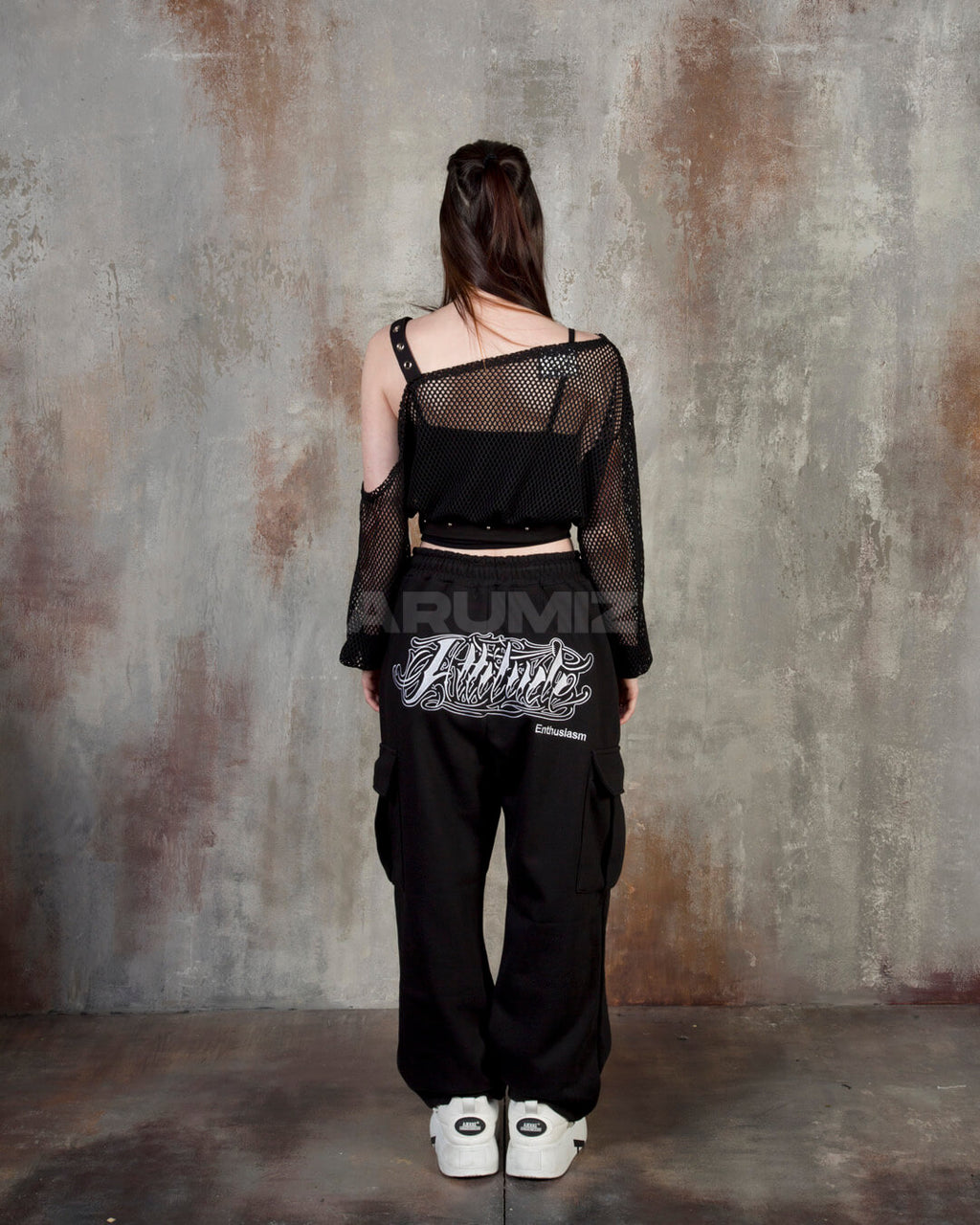 Eyelet Strap Mesh Sheer Off-Shoulder Cropped Top