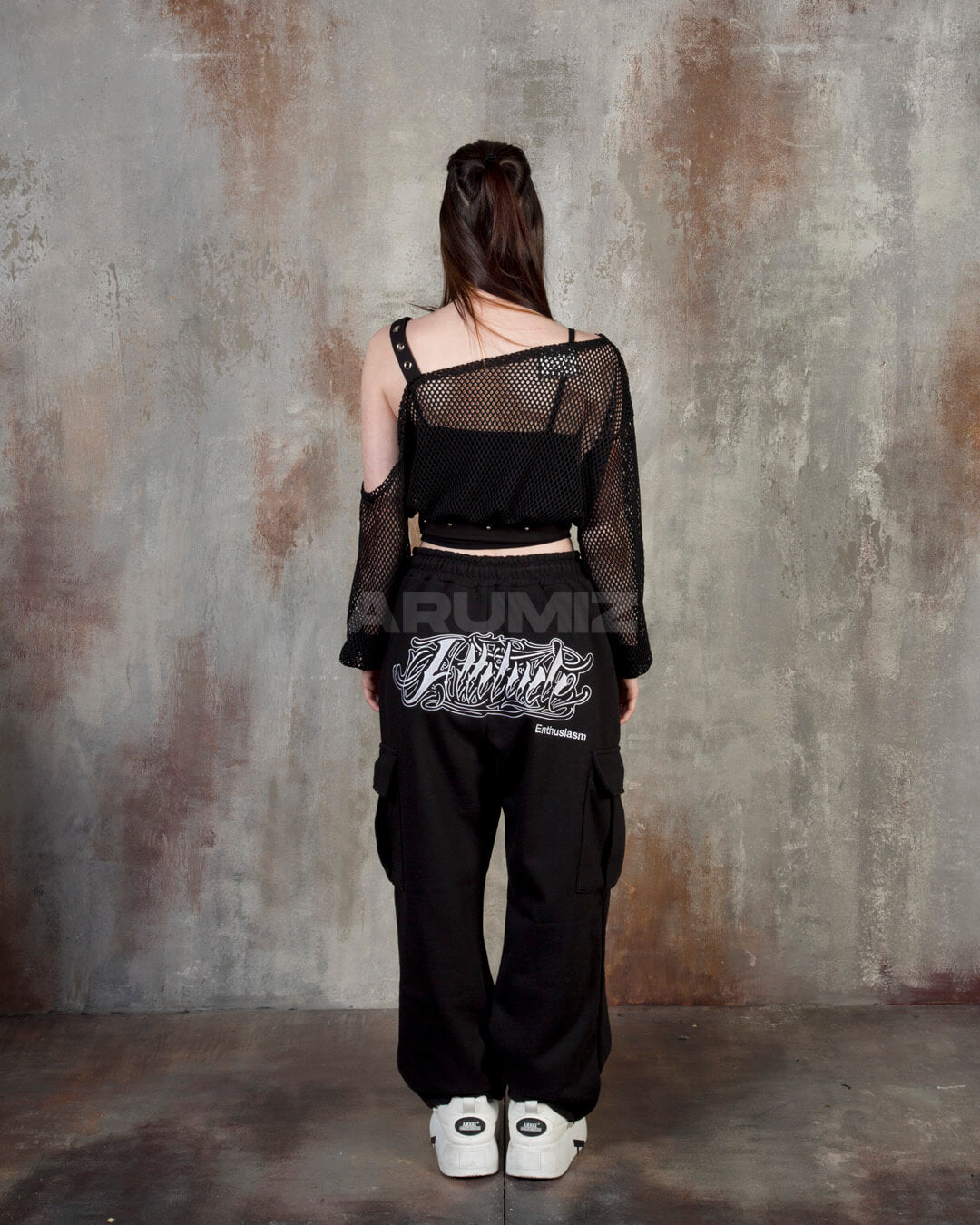 Eyelet Strap Mesh Sheer Off-Shoulder Cropped Top