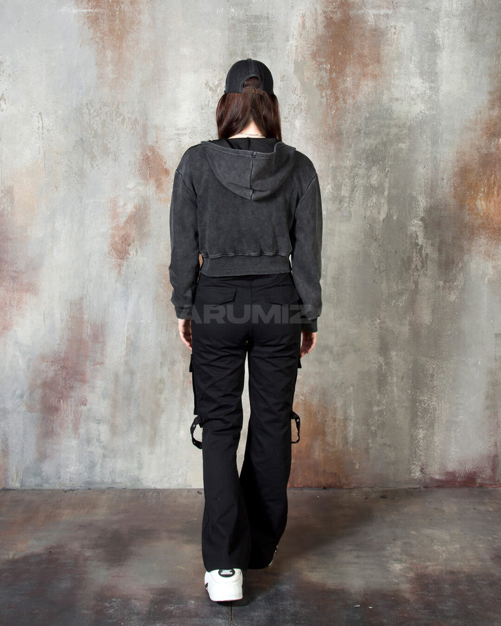 Vintage Washed Asymmetric Panel Crop Zip-Up Hoodie