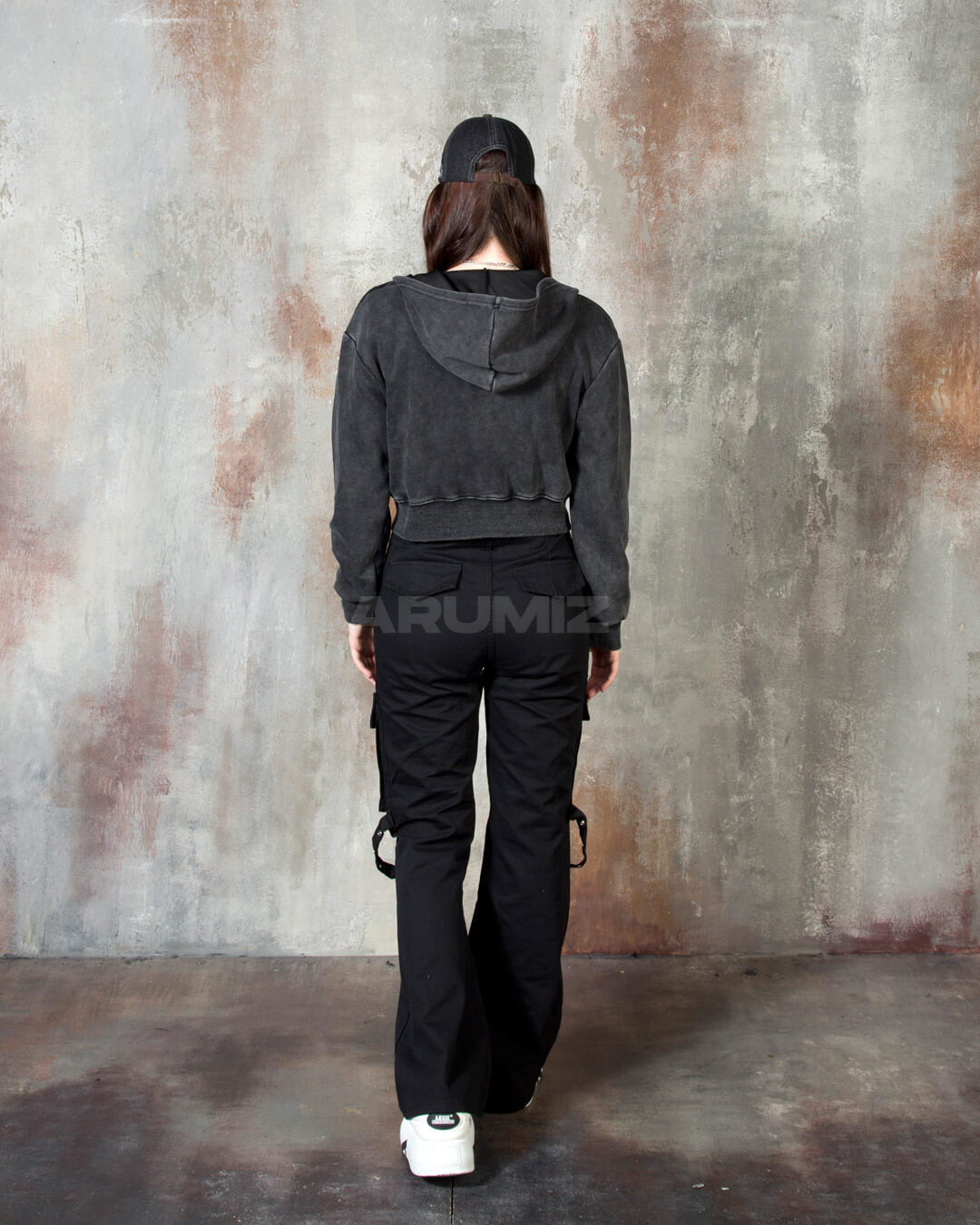 Vintage Washed Asymmetric Panel Crop Zip-Up Hoodie