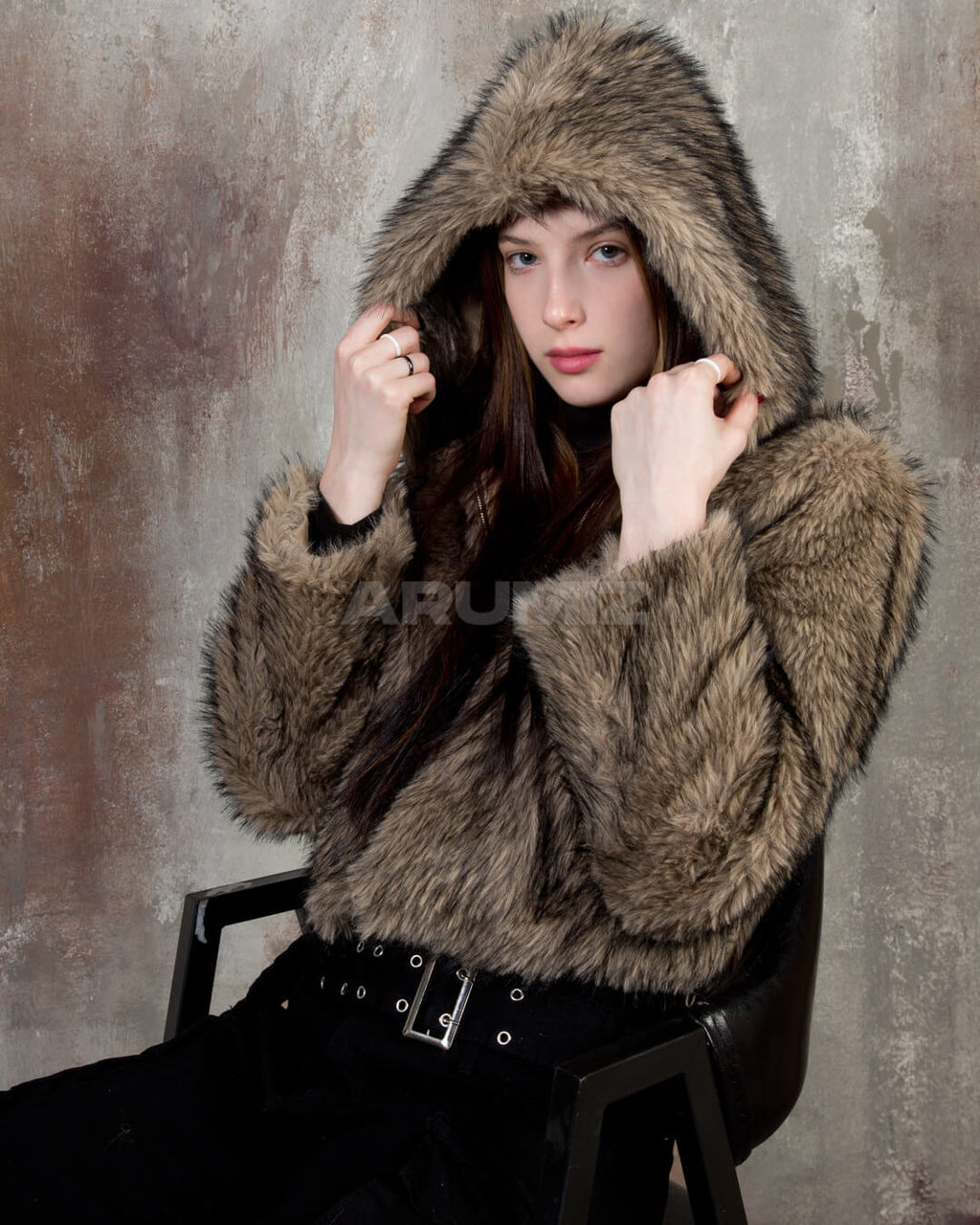 Wolf Faux Fur Hooded Cropped Jacket