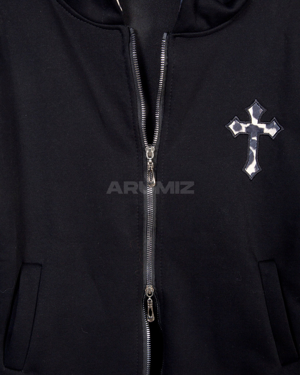 Leopard Lined Cross Patch Slim Zip-Up Hoodie