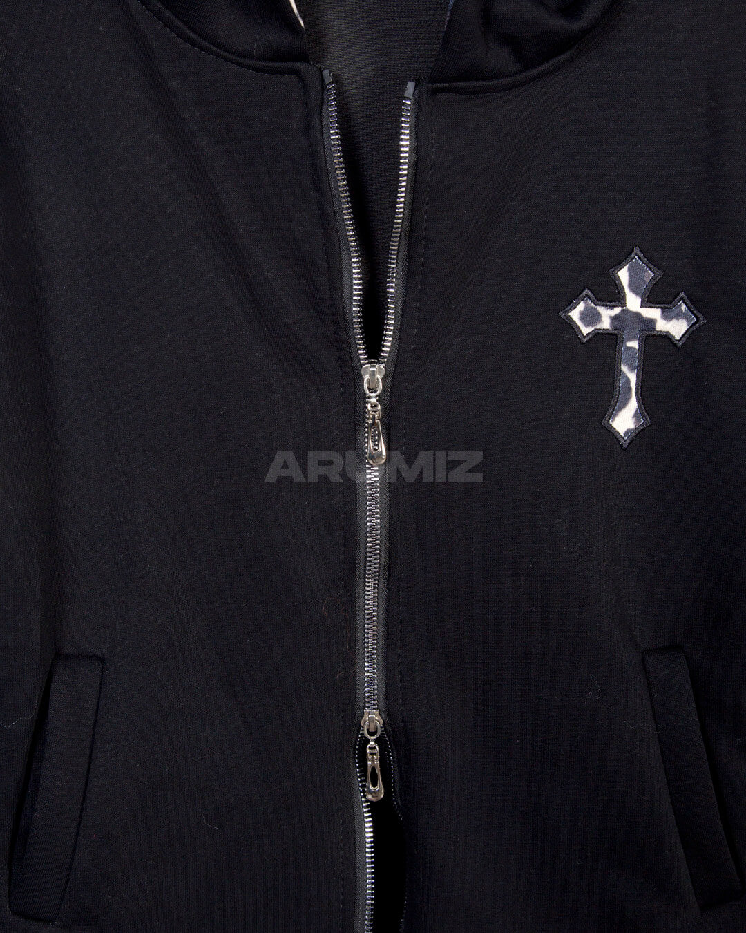 Leopard Lined Cross Patch Slim Zip-Up Hoodie