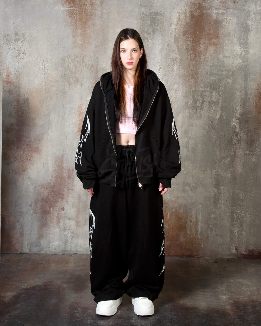 Tribal Print Oversized Black Zip-up Hoodie