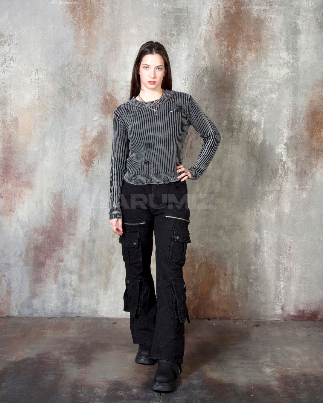 Vintage Washed Zipper Cargo Bootcut Pants