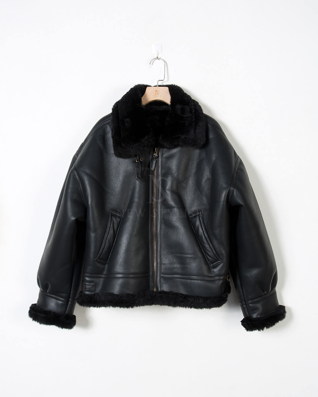 Black Oversized Shearling Leather Jacket