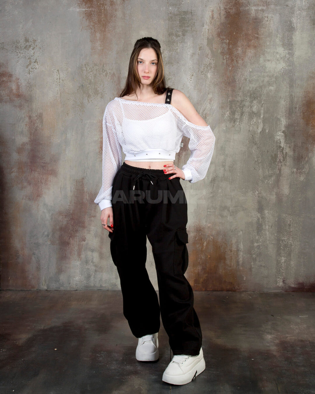 Eyelet Strap Mesh Sheer Off-Shoulder Cropped Top