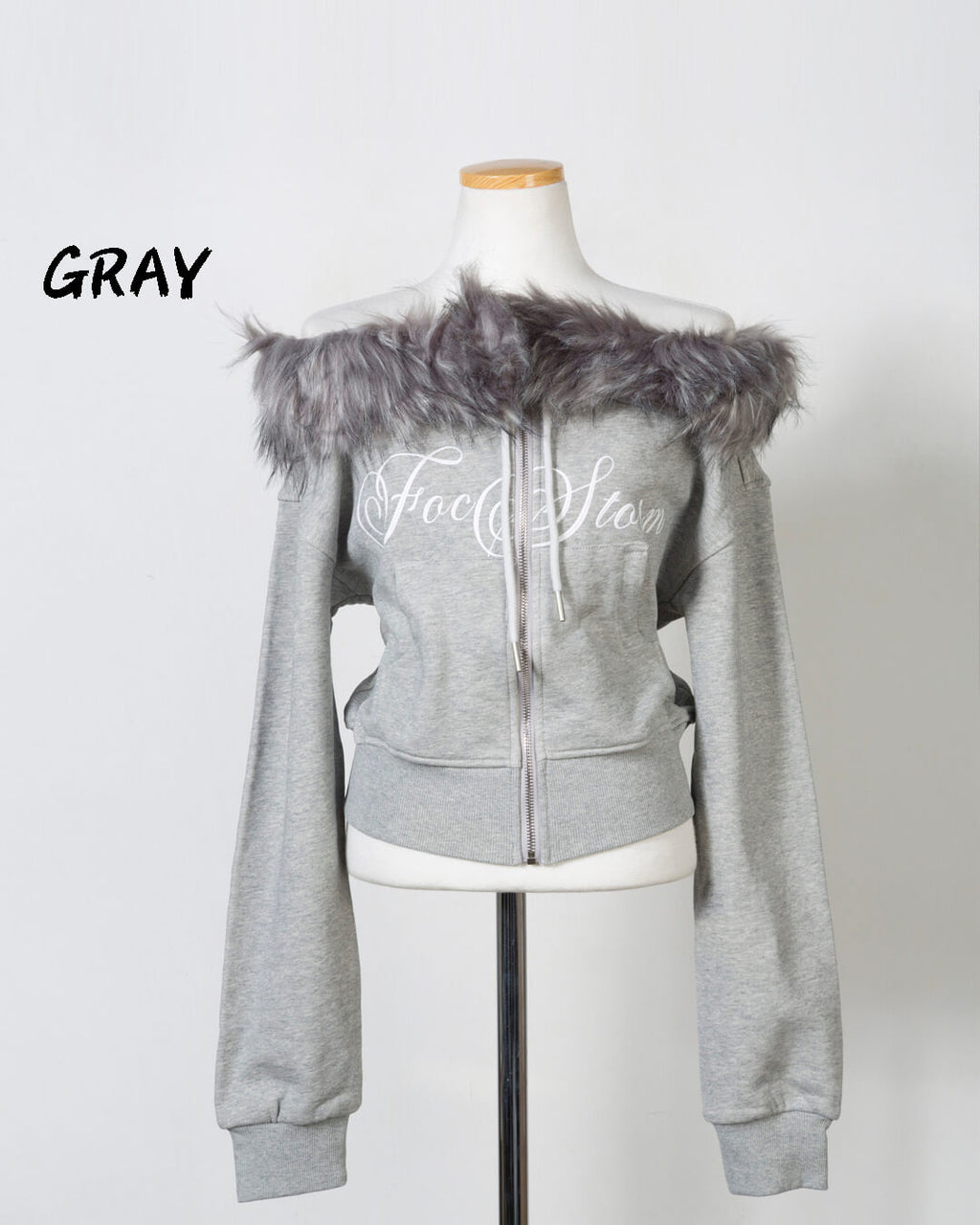 Fur Trim Off-Shoulder Cropped Zip-Up Hoodie