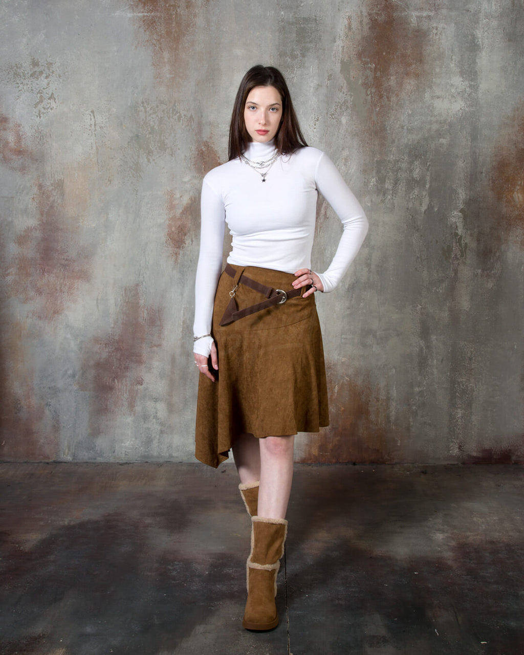 Asymmetric Suede Flared Belt Skirt