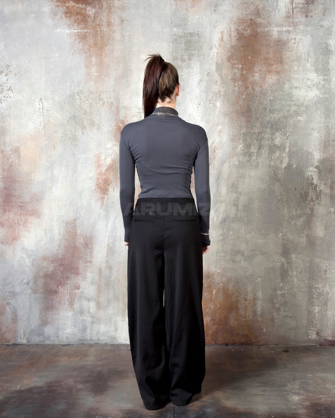 Stud Button Belt Pintuck Wide-Leg Slacks Pants