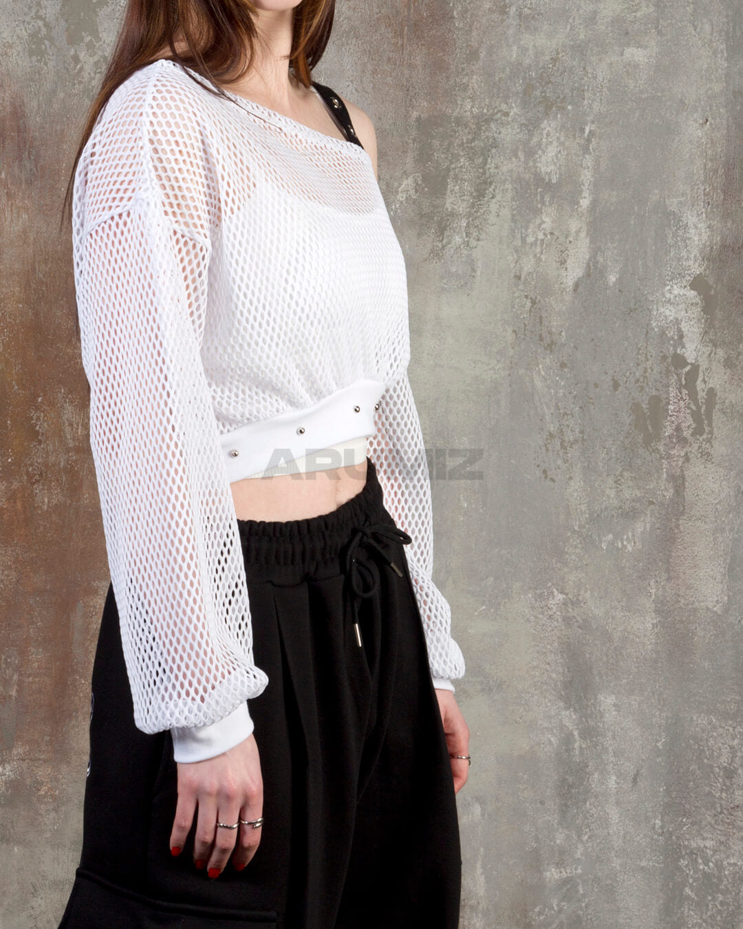 Eyelet Strap Mesh Sheer Off-Shoulder Cropped Top