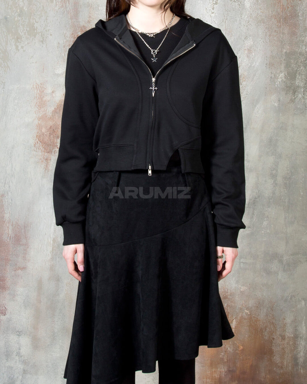 Vintage Washed Asymmetric Panel Crop Zip-Up Hoodie