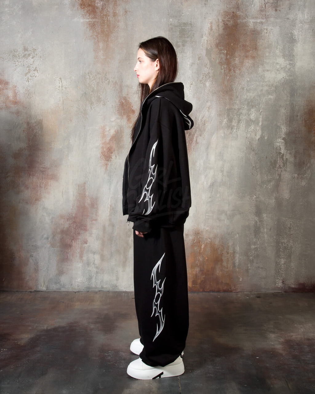 Tribal Print Oversized Black Zip-up Hoodie