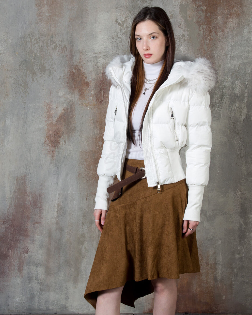 Asymmetric Suede Flared Belt Skirt