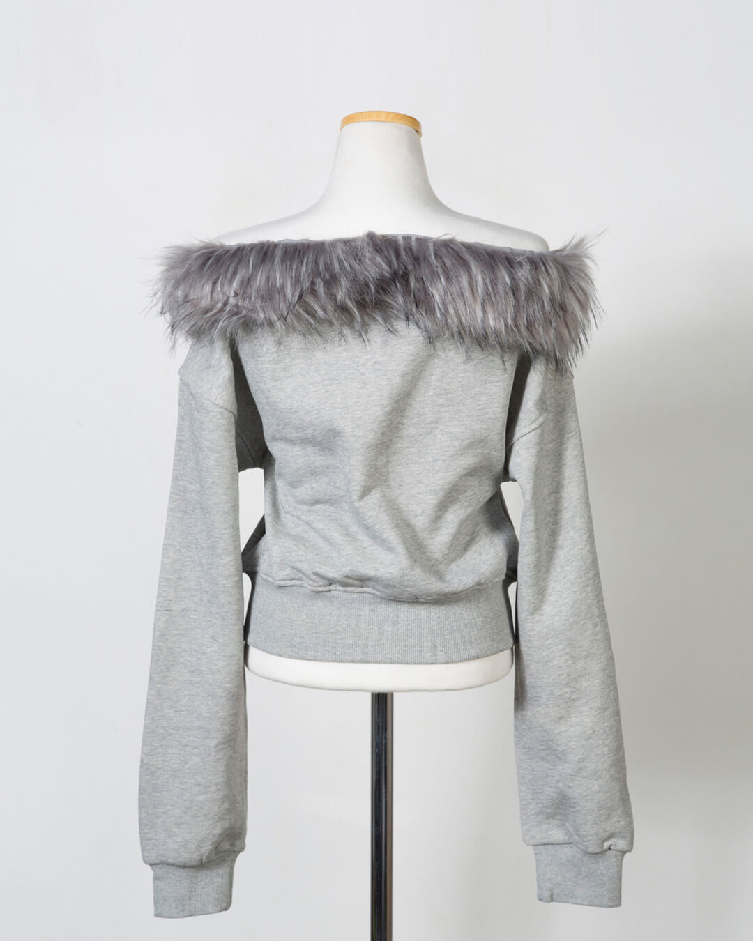 Fur Trim Off-Shoulder Cropped Zip-Up Hoodie