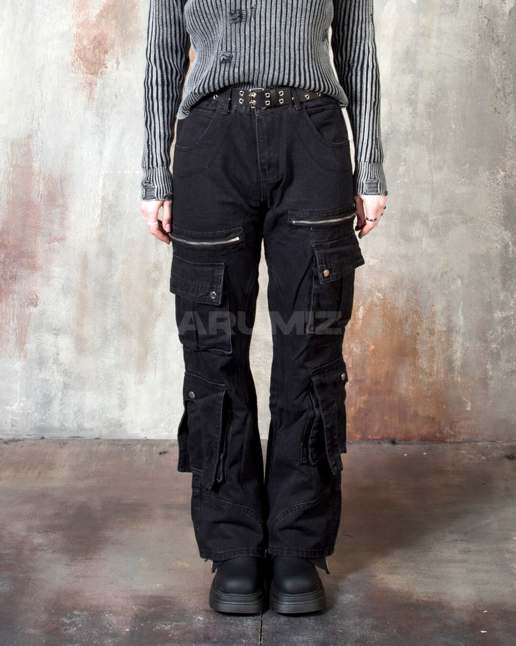 Vintage Washed Zipper Cargo Bootcut Pants