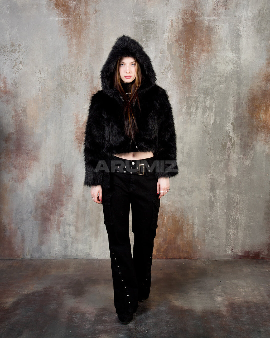 Wolf Faux Fur Hooded Cropped Jacket