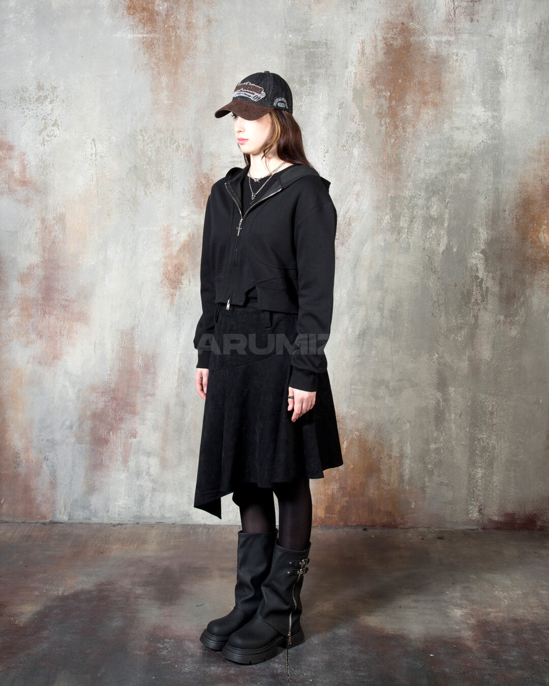 Vintage Washed Asymmetric Panel Crop Zip-Up Hoodie