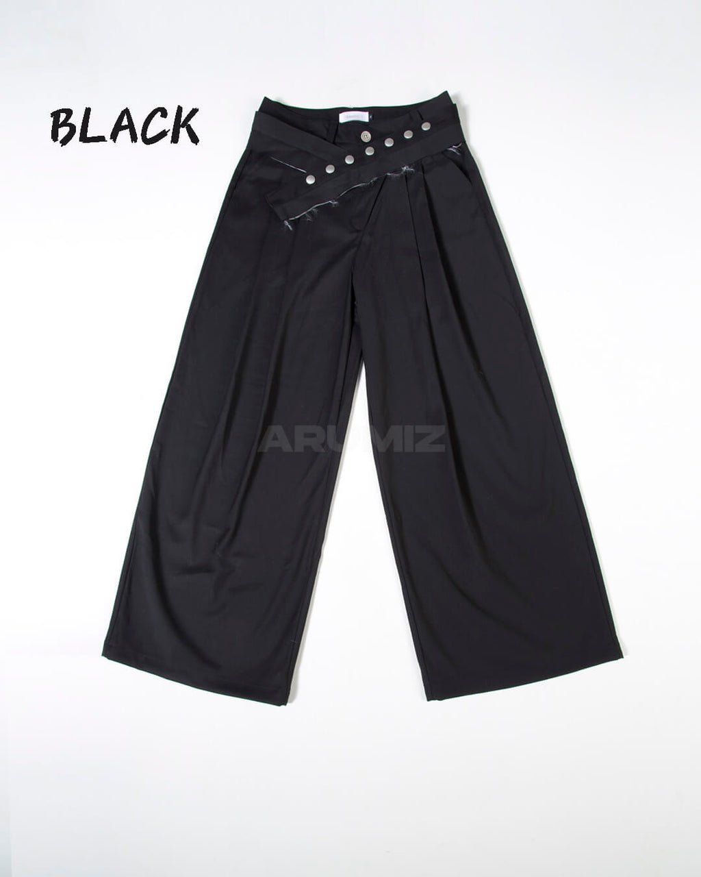 Stud Button Belt Pintuck Wide-Leg Slacks Pants