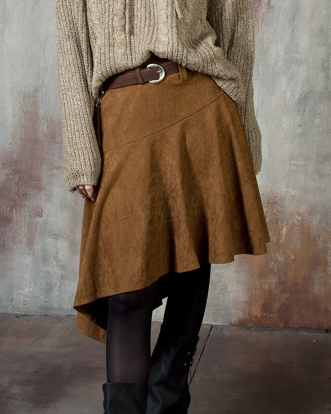Asymmetric Suede Flared Belt Skirt
