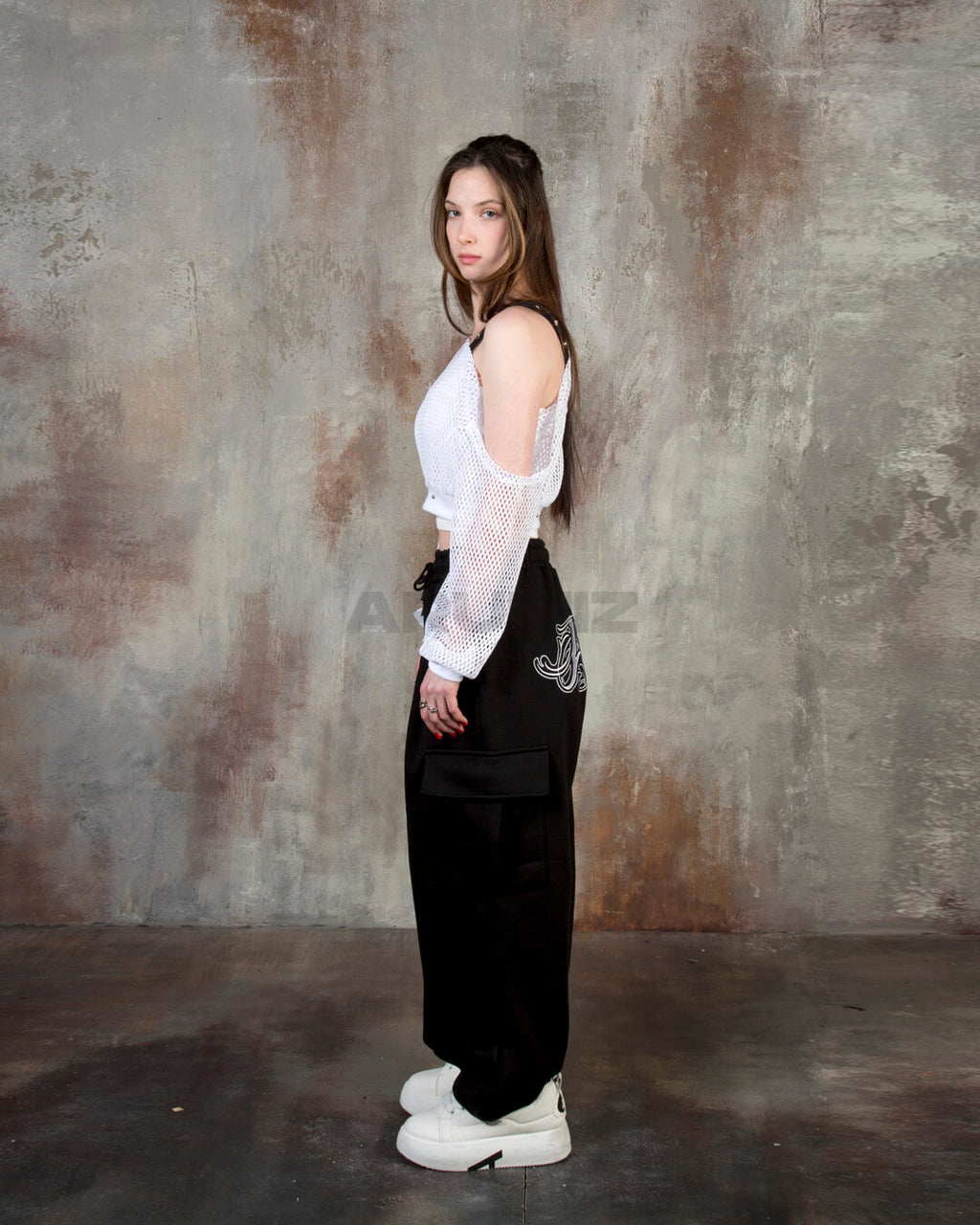 Eyelet Strap Mesh Sheer Off-Shoulder Cropped Top