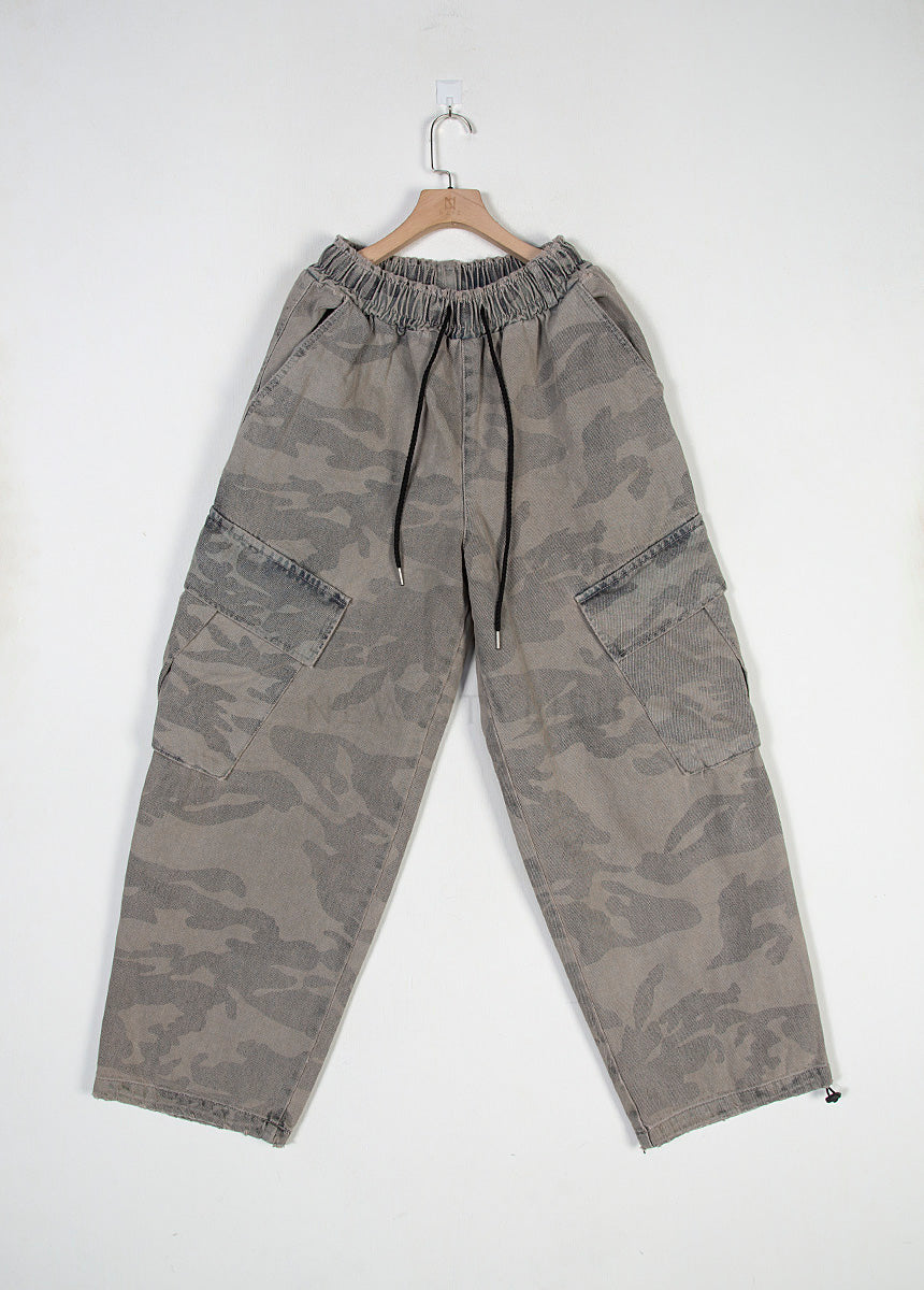 Vintage Camo Washed Wide-Leg Denim Cargo Pants