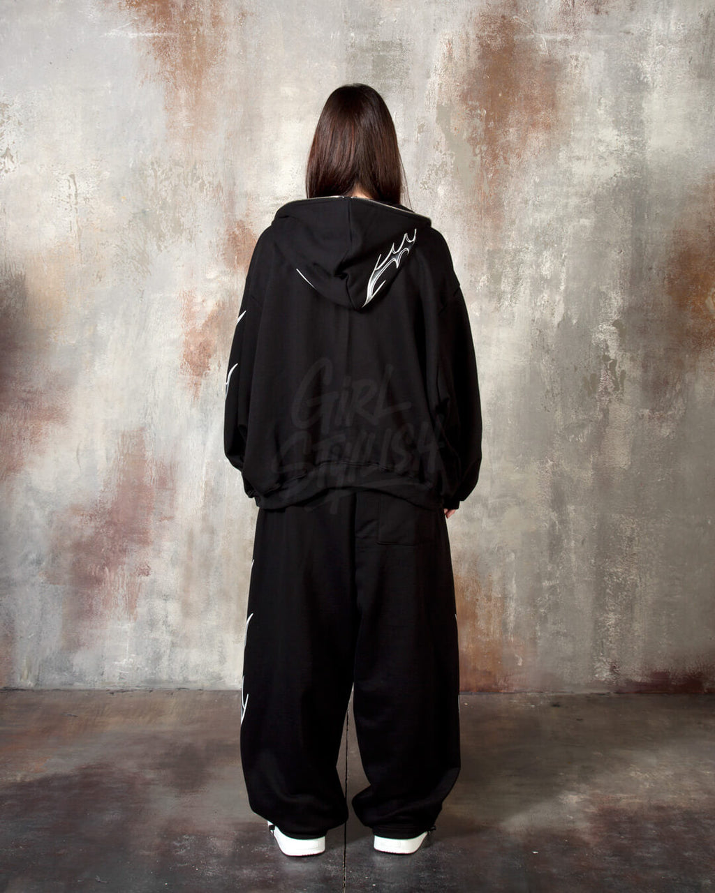Black Tribal Print Drawstring Wide-Leg Pants