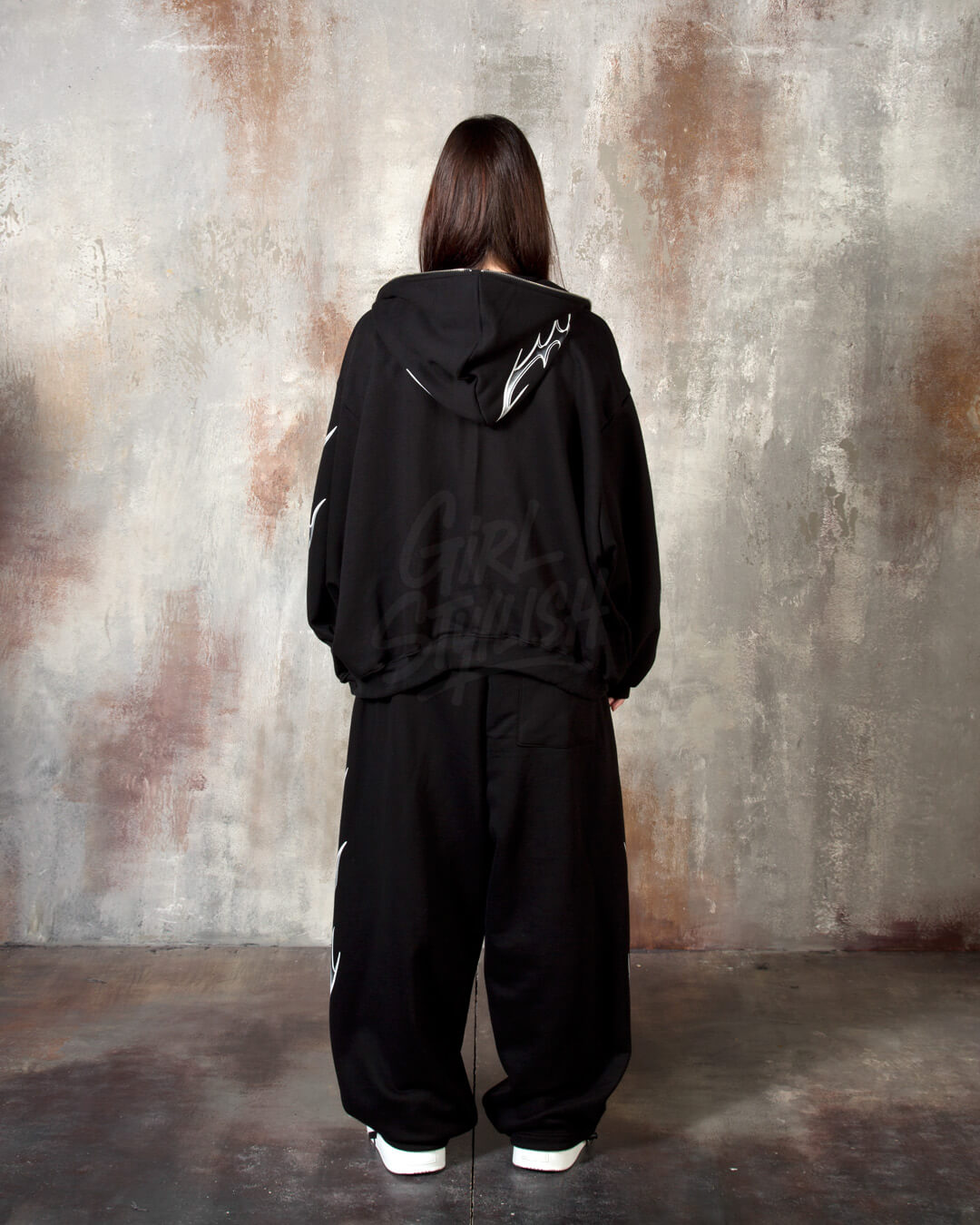 Black Tribal Print Drawstring Wide-Leg Pants