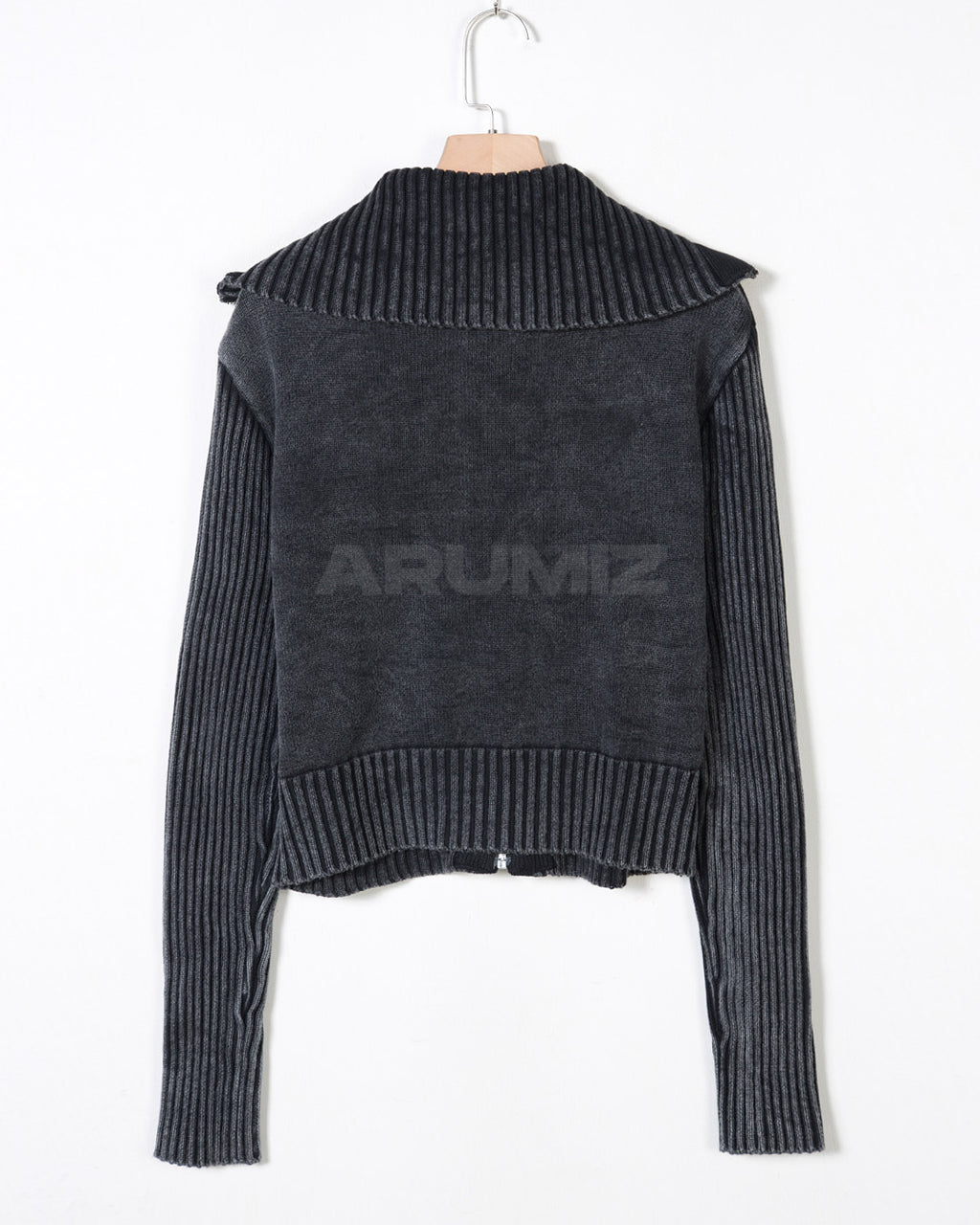 Vintage Washed Rib Knit High-Neck Cropped Zip-Up Jacket