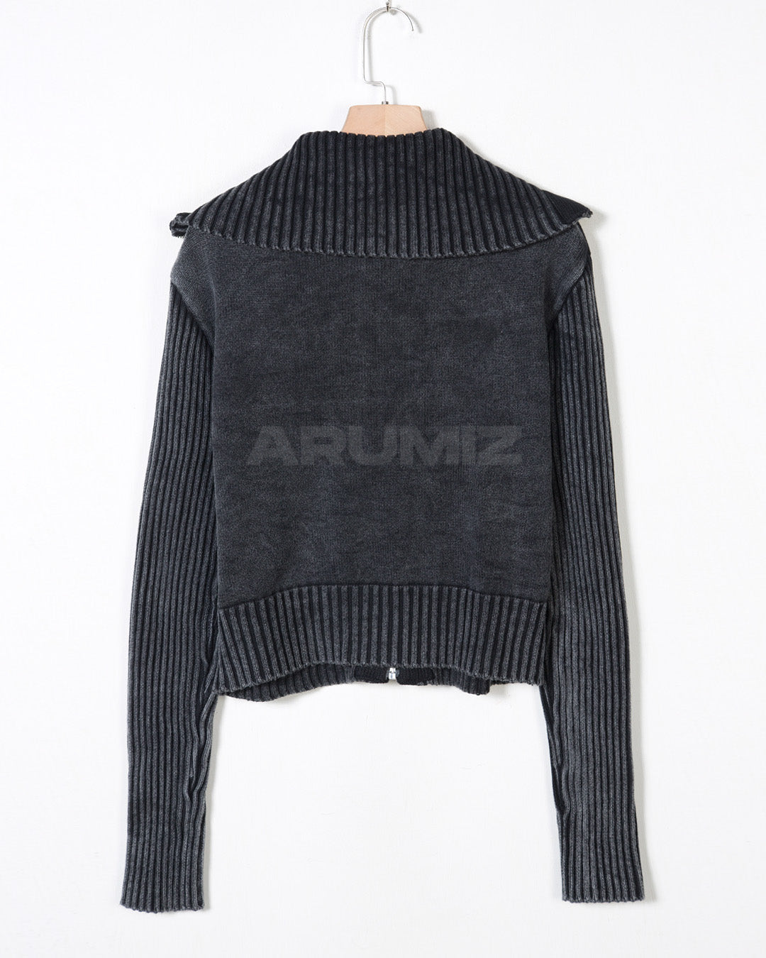 Vintage Washed Rib Knit High-Neck Cropped Zip-Up Jacket