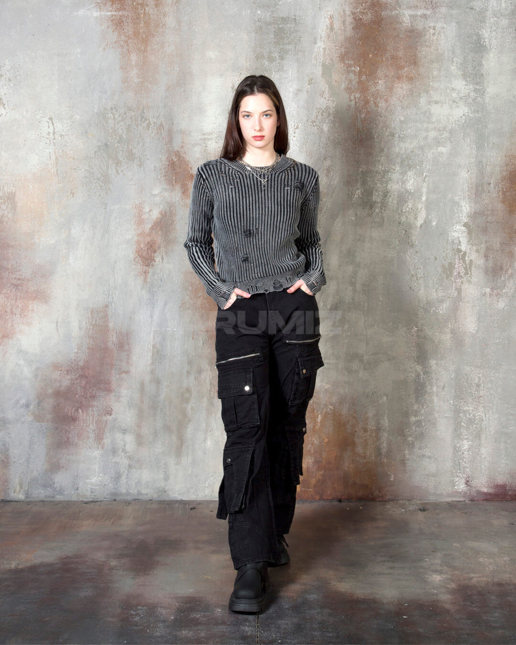 Vintage Washed Zipper Cargo Bootcut Pants