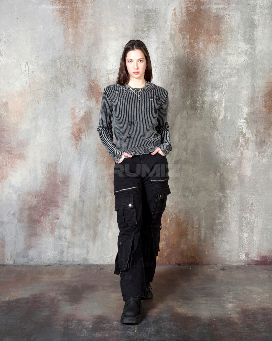 Vintage Washed Zipper Cargo Bootcut Pants