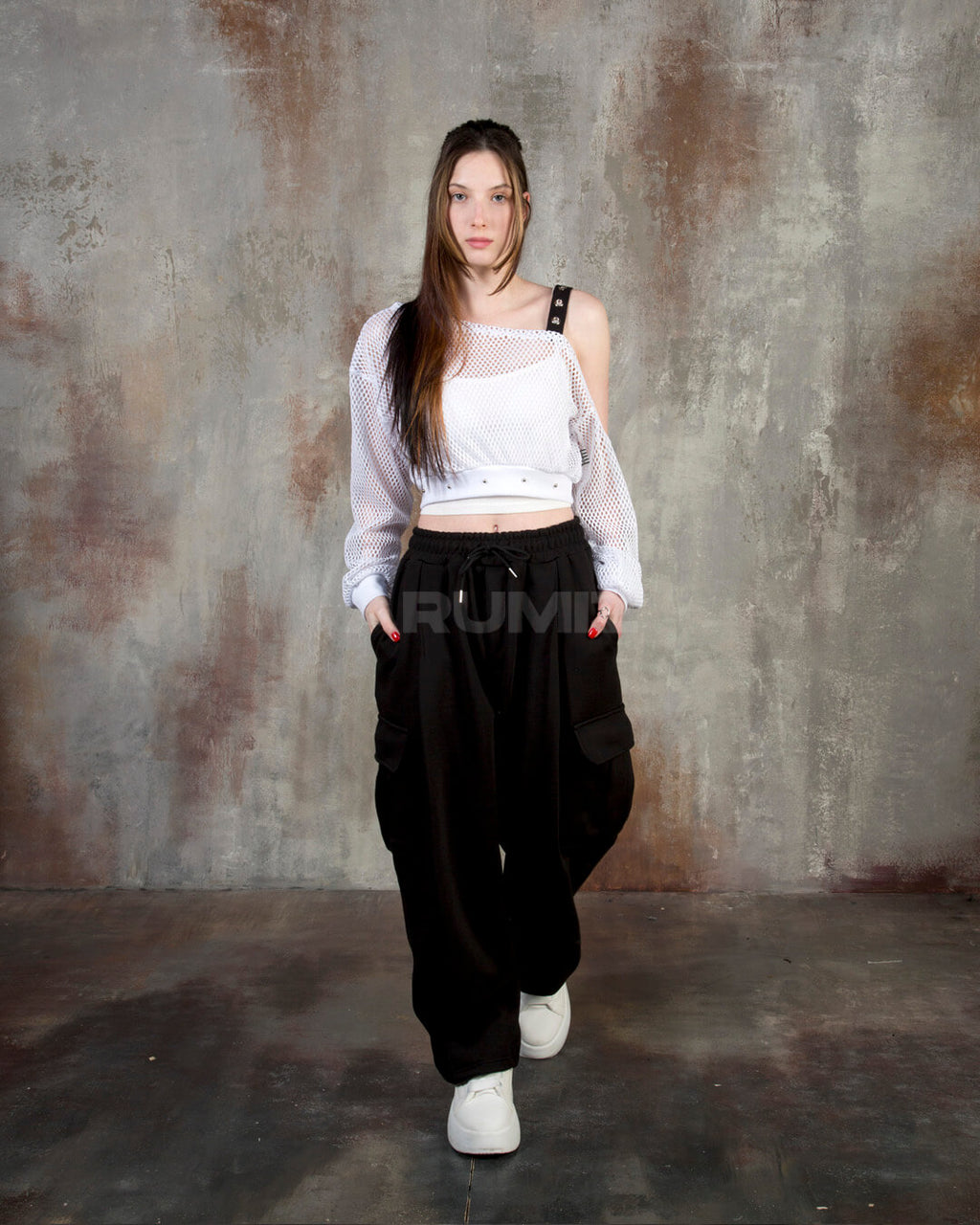 Eyelet Strap Mesh Sheer Off-Shoulder Cropped Top
