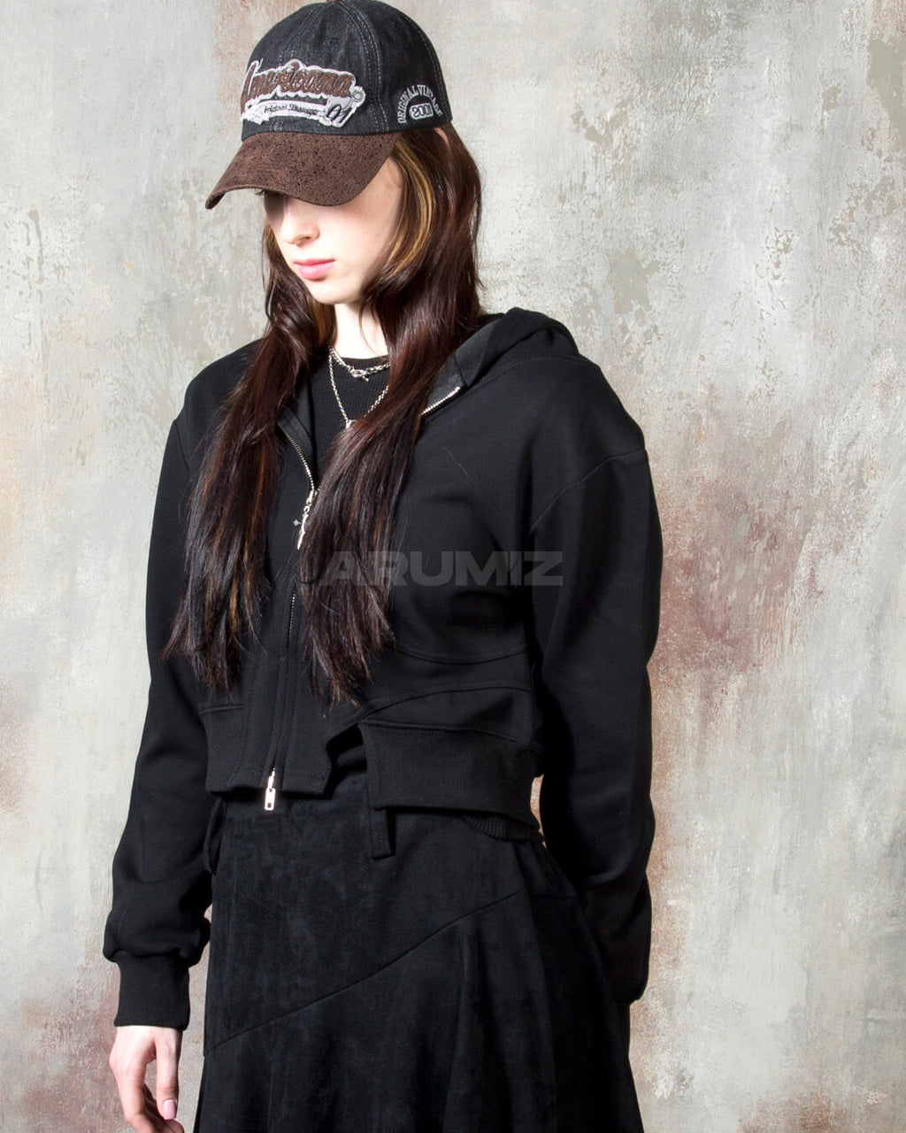 Vintage Washed Asymmetric Panel Crop Zip-Up Hoodie