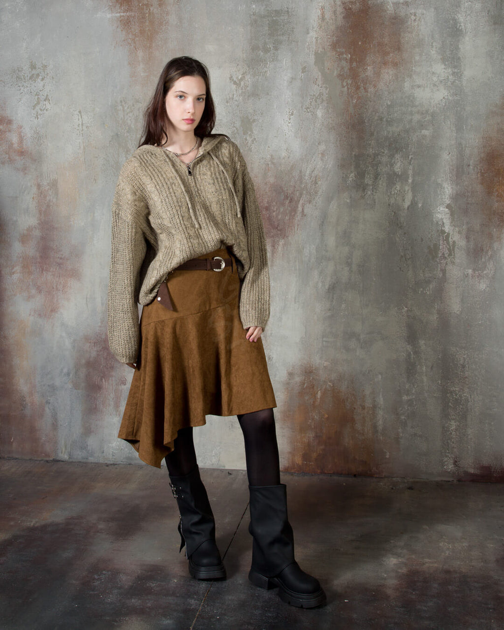 Asymmetric Suede Flared Belt Skirt